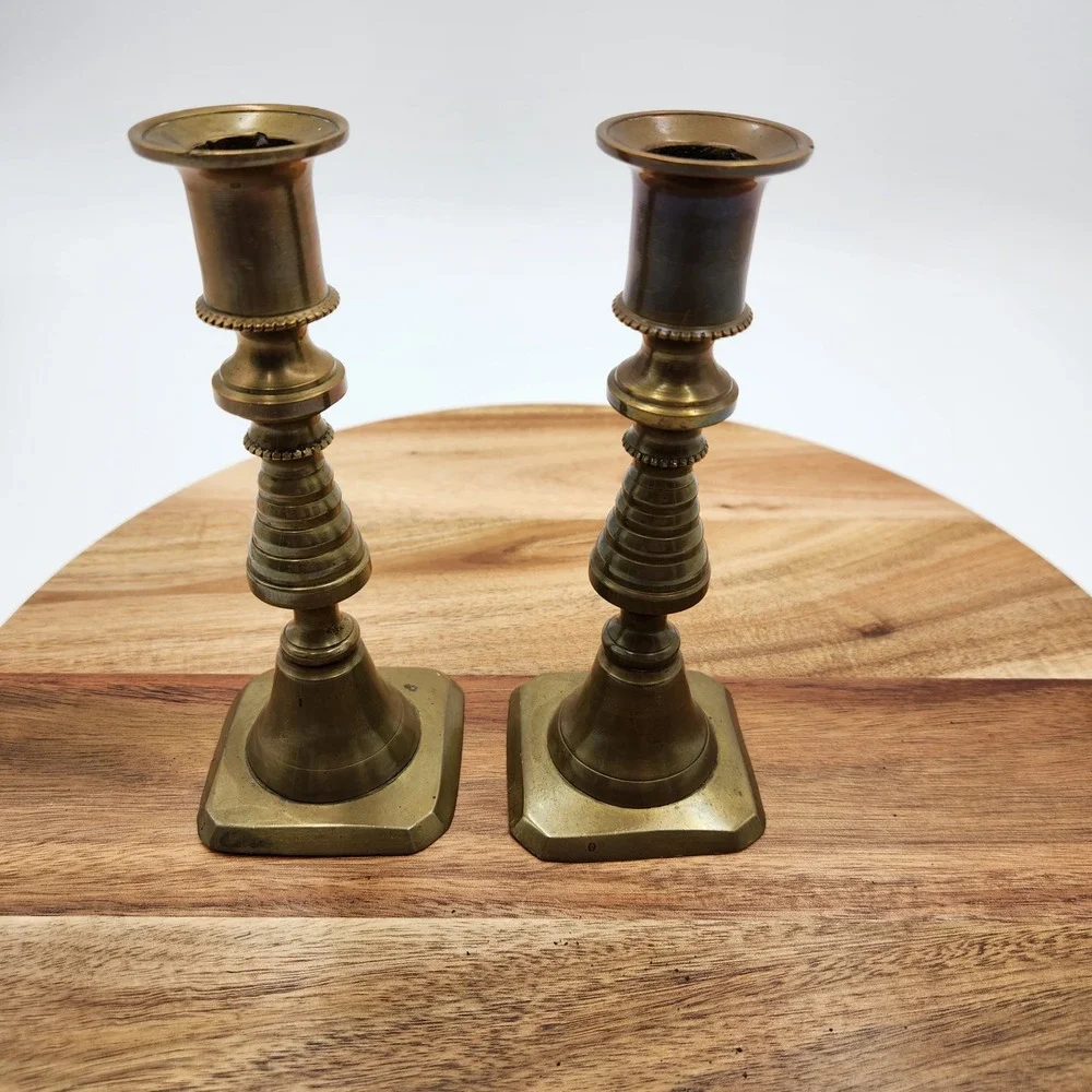 VTG Solid Brass Beehive Candlestick Holders Pair Square Base 6.75